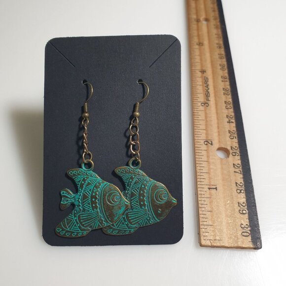 Fish Dangling Earrings Brass Hook Handmade Patina Accent Bohemian Style Beach - Picture 2 of 4